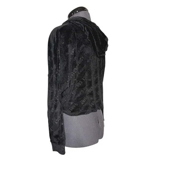 Vtg Y2K Juicy Couture Black Velour Logo Cropped Hoodie size M - Picture 10 of 12